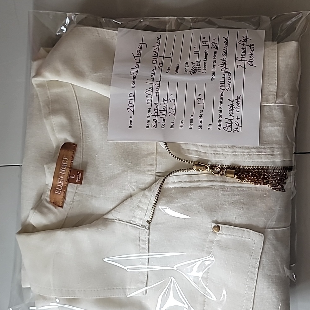 Ellen Tracy 100% White Linen Zip-Front Rolled-Sleeve Tunic Blouse size L - Picture 12 of 12